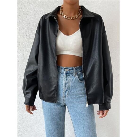 Drop Shoulder Zip Up PU Cropped Leather Jacket